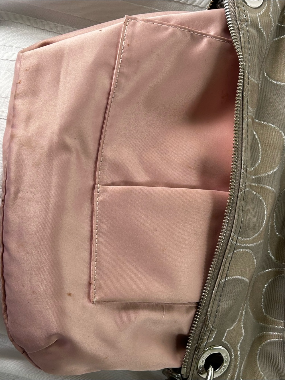 Coach Poppy Crossbody Shoulder Bag Gray Beige Sateen Silver Leather Buckles Pink - Picture 15 of 16